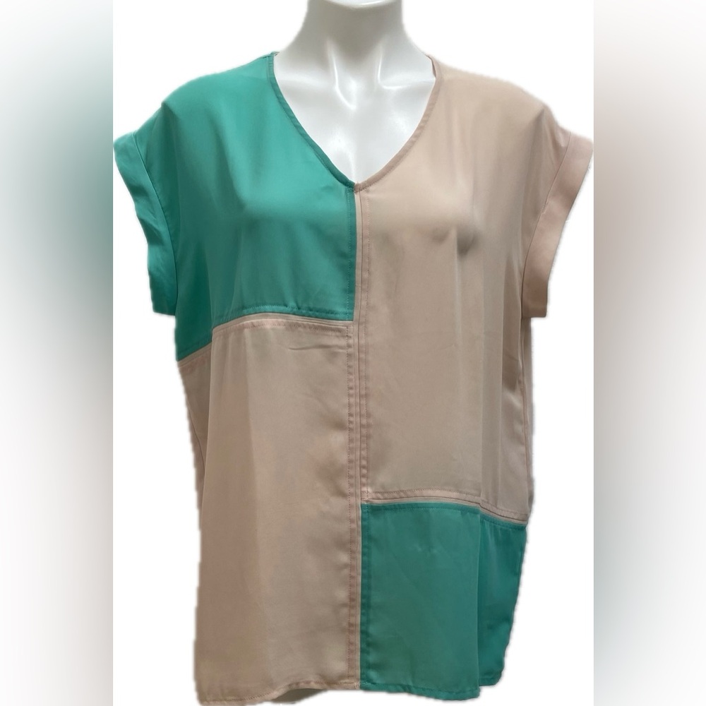 JOH SHORT SLEEVE COLORBLOCK TAN GREEN LIGHTWEIGHT MODERN BLOUSE TOP